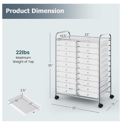 20 Drawers Storage Cart w/Rolling Wheels, Semi-Transparent Mobile Rolling Drawer Cart for School Classroom Office Home Salon, Files Scrapbook Craft Organizer, Utility Cart on Wheels (Clear)