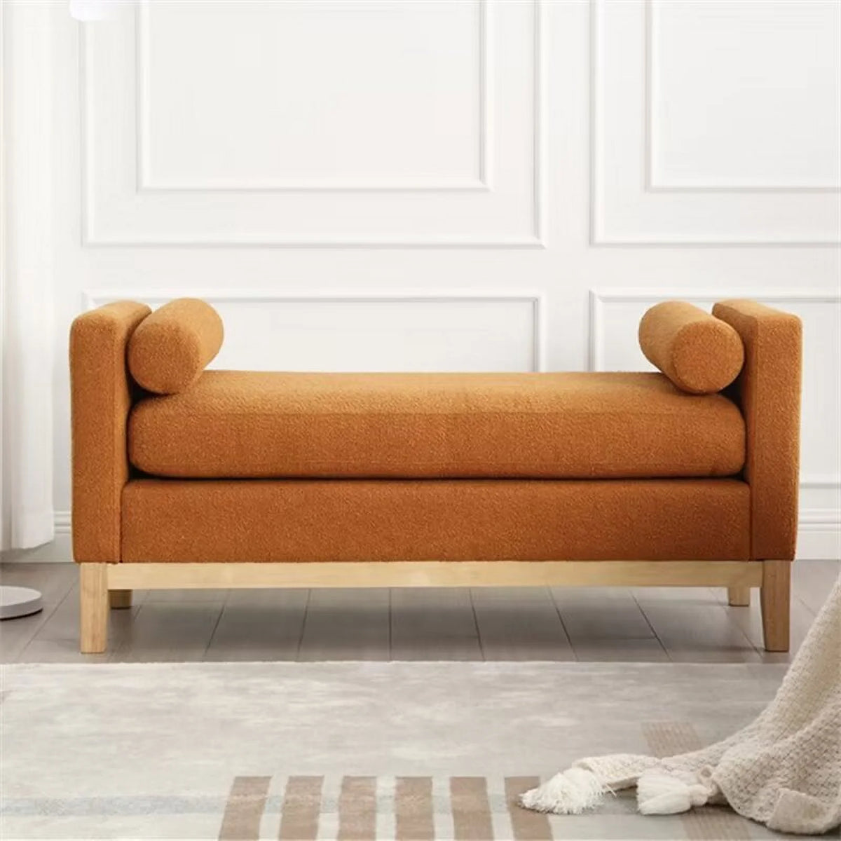 End of Bed Bench, 53.5" Boucle Fabric Upholstered Entryway Bench with Wood Legs & Bolster Pillows, Rolled Arm Cushioned Ottoman Foot Rest Long Stool Window Extra Seating for Bedroom, Ivory