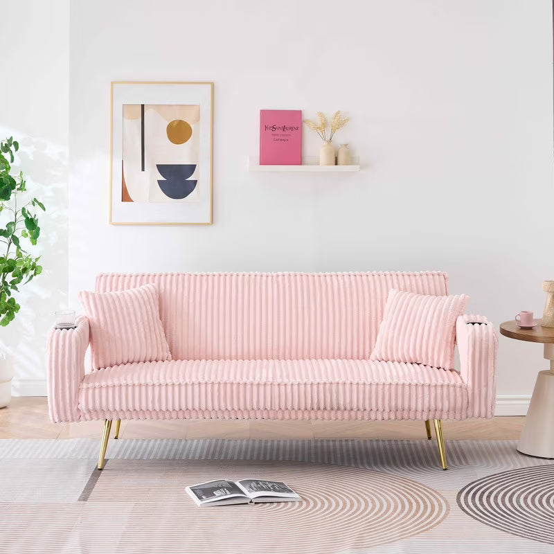FFH Modern Corduroy Futon Sofa Bed with Adjustable Backrest,Convertible Loveseat Sleeper,Soft Couch with Drop-Down Table and Cup Holder for Living room,Pink