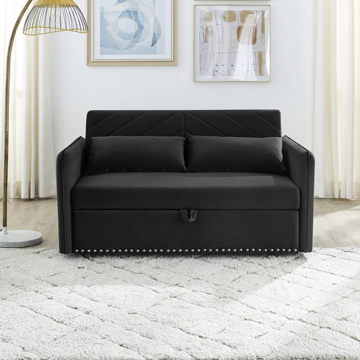 55" Convertible Sleeper Sofa Bed,3 in 1 Convertible Sleeper Loveseat with USB Ports,Modern Velvet Pull Out Sofa Bed with 2 Pillows and Rivet Design for Living Room Furniture,Gray