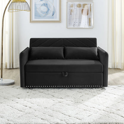 55" Convertible Sleeper Sofa Bed,3 in 1 Convertible Sleeper Loveseat with USB Ports,Modern Velvet Pull Out Sofa Bed with 2 Pillows and Rivet Design for Living Room Furniture,Gray