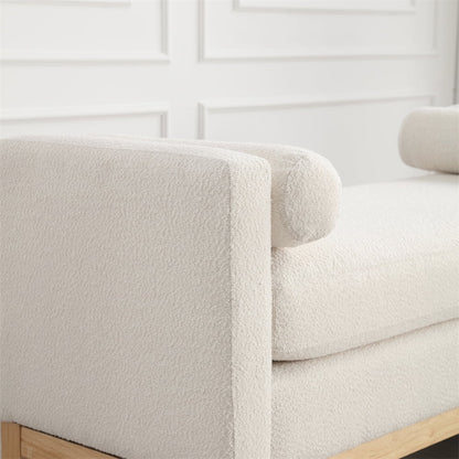 53.5"W Elegant Upholstered Bench with Wood Legs & Round Pillows,Comfy Boucle Fabric Footrest with Arms, Entryway Bench for End of Bed, Bedroom and Living Room, Ivory