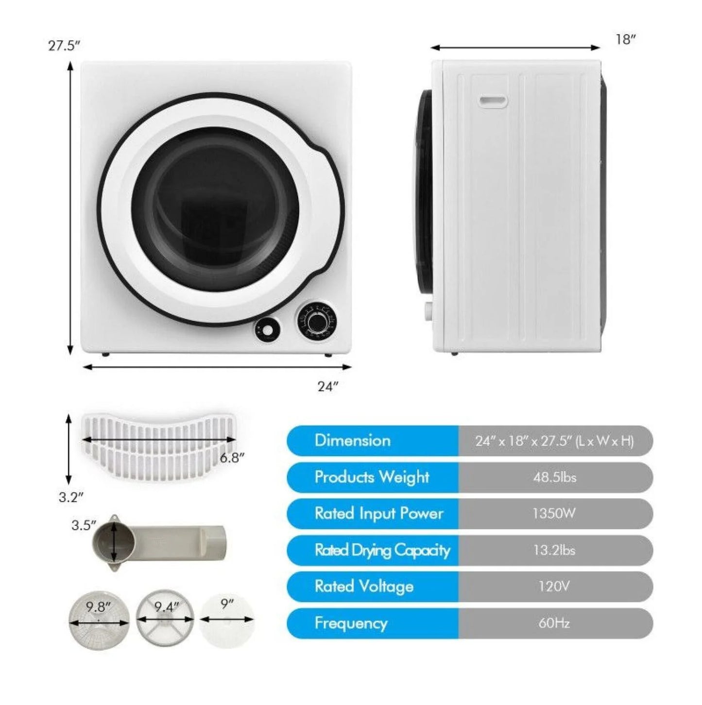 Electric Laundry Dryer, 13.2lbs Compact Tumble Dryer with Stainless Steel Tub, 4 Drying Modes, 2 Heat Settings, ETL Certified - for Apartments, Dorms, RVs