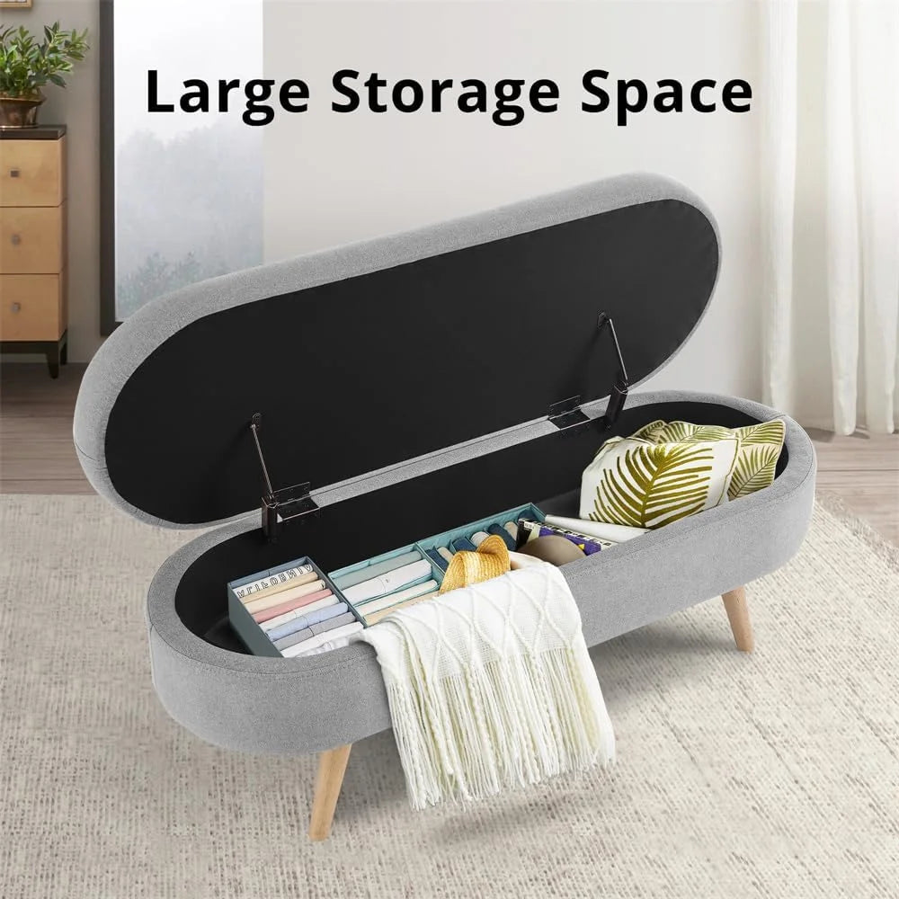 Sumdeal 43.5" Storage Ottoman Bench with 250lb Seating, Linen Upholstered Wood Legs Safety Hinge Flip Top Oval Foot Rest Long Stool for Sofa Couch Bedroom End of Bed Living Room Entryway, White