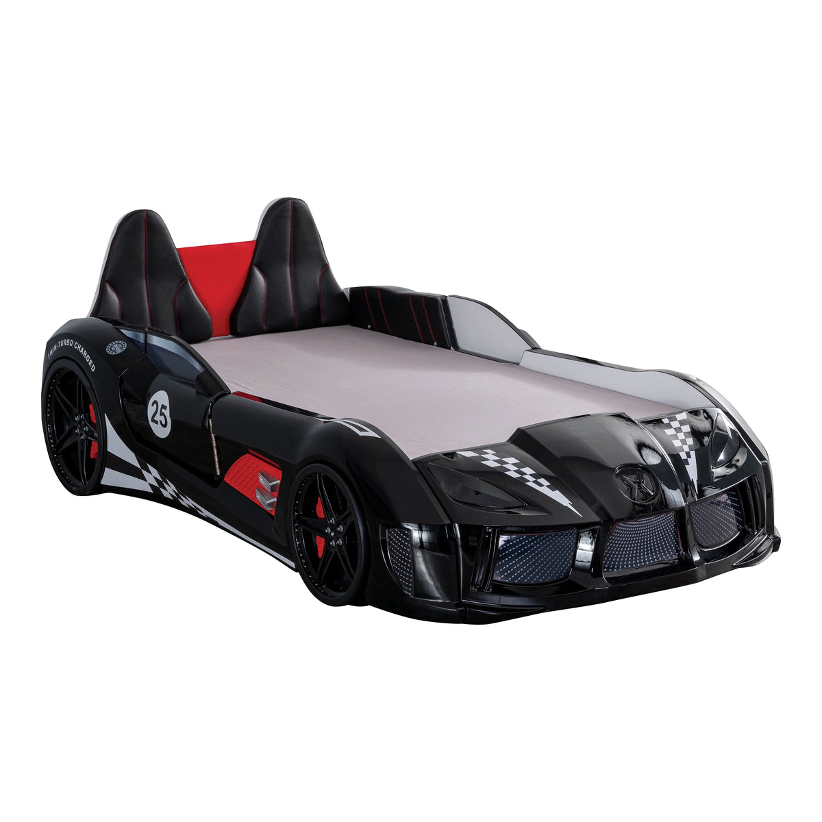 Furniture of America Dash Kids Plastic Twin Race Car Bed with LED and Sound, White