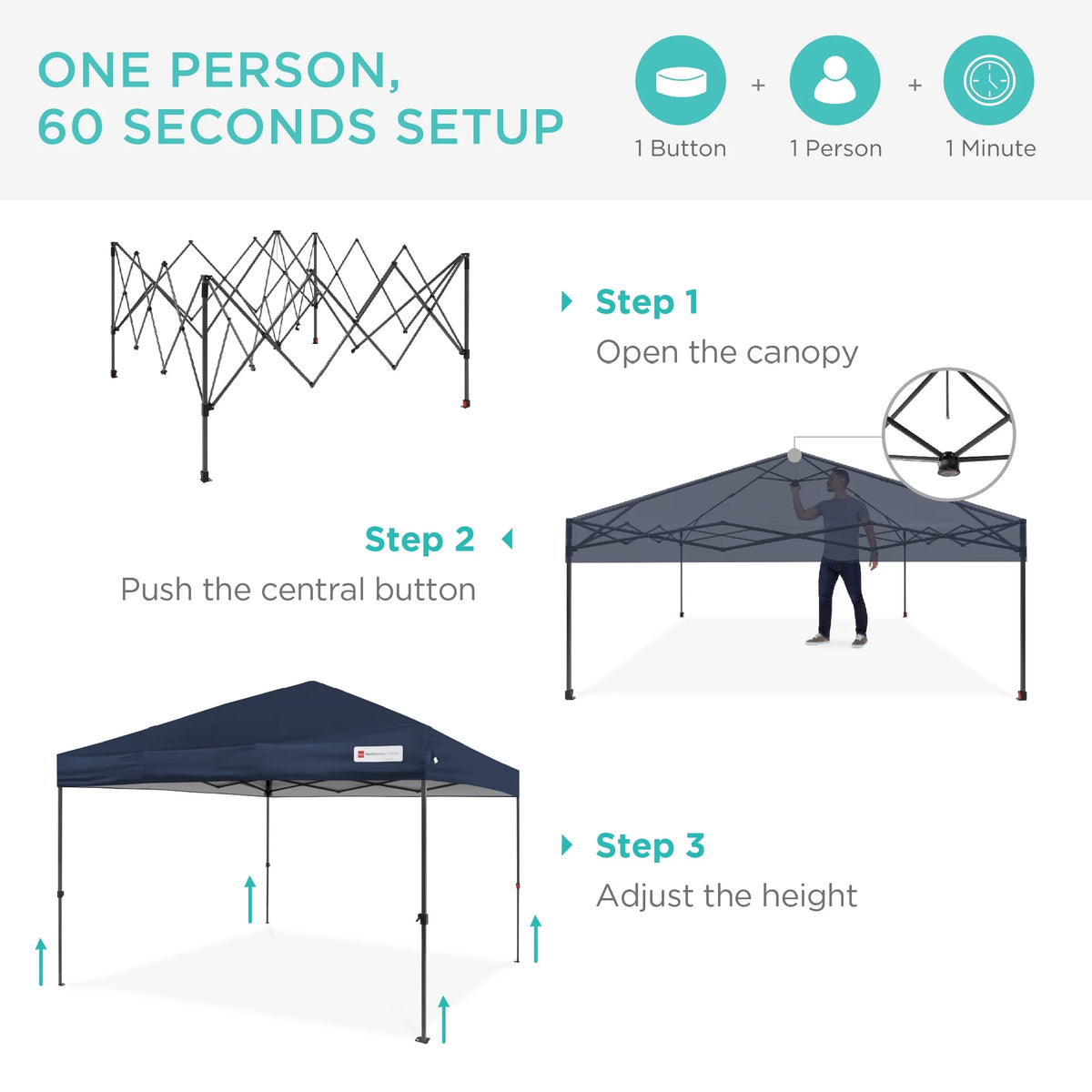 Best Choice Products 12x12ft Easy Setup Pop Up Canopy w/ 1-Button Setup, Wheeled Case, 4 Weight Bags - Navy Blue