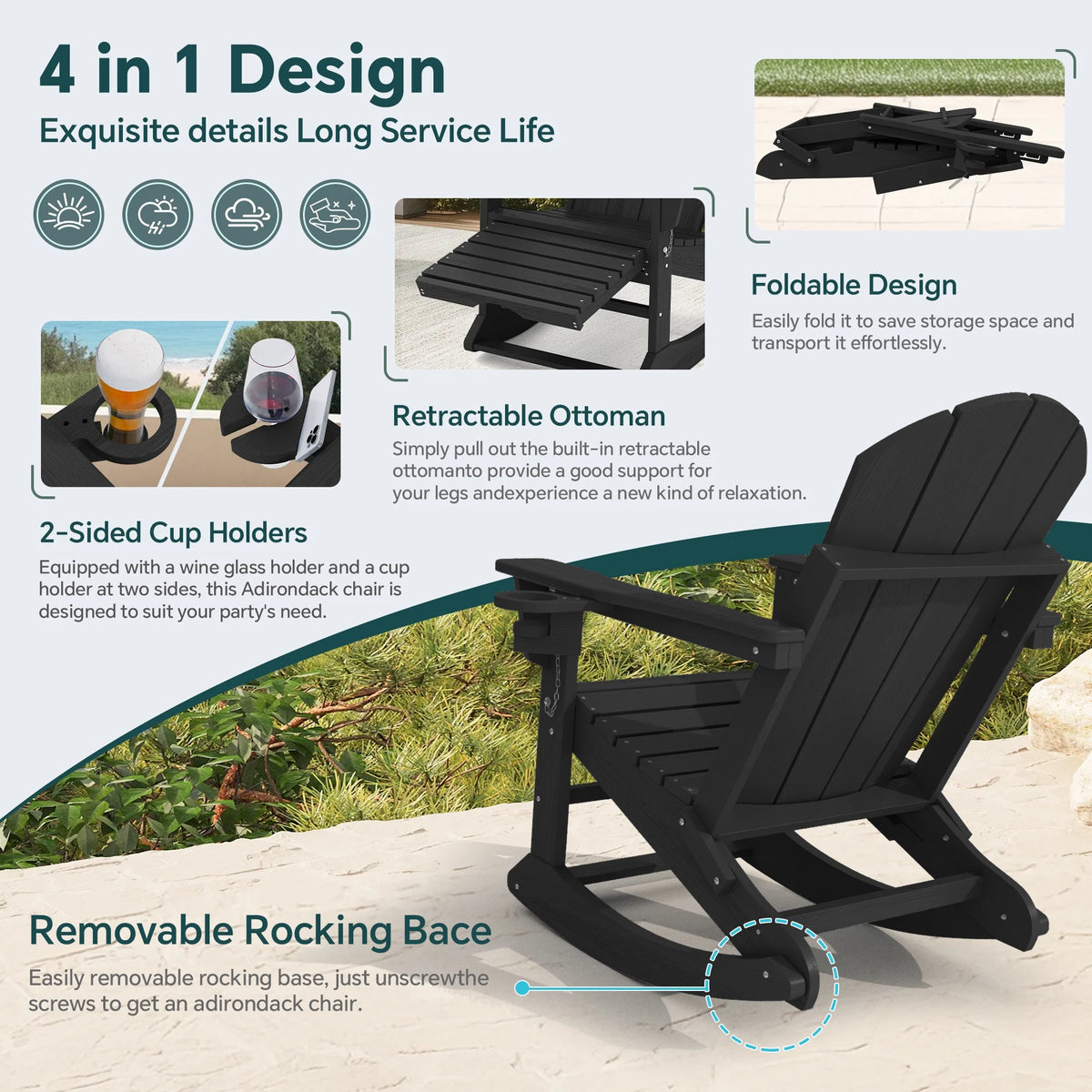KINGYES Folding Adirondack Rocker Chair Set of 2 W/ Footrest & Dual Cup Holders, HDPE Outdoor Patio Rocking Chair, Black