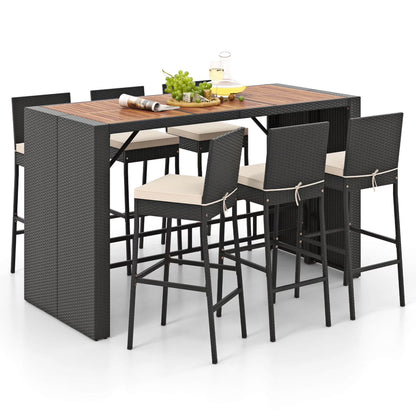 Costway 7 Pieces Patio Bar Set with Acacia Wood Tabletop & Removable Cushions Outdoor