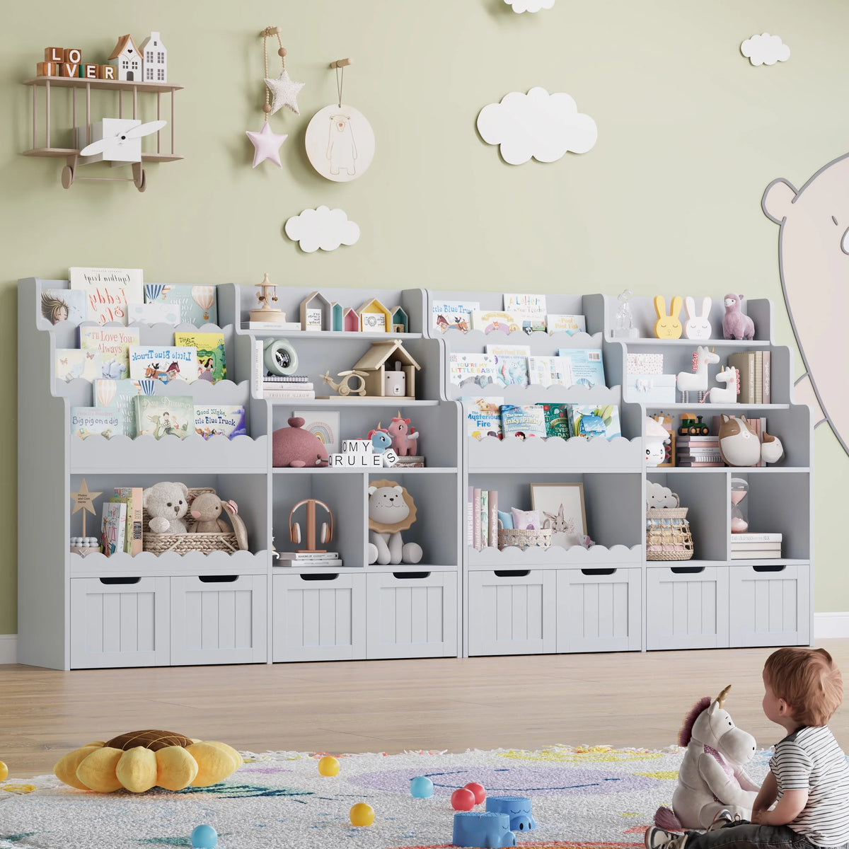 Hiphuta 47"Wide Large Kids Bookcase, Wood Bookshelf Toy Storage Organizer with Book Rack & Movable Boxes, White Bookshelf for Kids Room