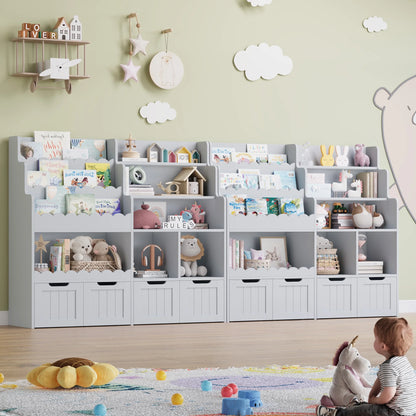 Hiphuta 47"Wide Large Kids Bookcase, Wood Bookshelf Toy Storage Organizer with Book Rack & Movable Boxes, White Bookshelf for Kids Room