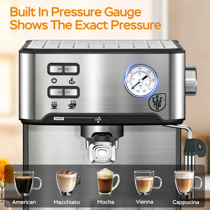 Plum Chef Espresso Machine, 20 Bar Coffee Maker with Foaming Milk Frother Wand, Espresso & Cappuccino Latte Maker Coffee Machine, 850W, 1.6L Removable Water Tank, Black&Silver