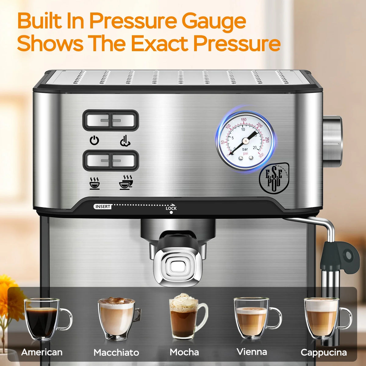 Plum Chef Espresso Coffee Machine, 20 Bar Cappuccino Latte Maker Coffee Machine with ESE POD Capsules Filter&Milk Frother, 1.6L Water Tank, for Home Barista, Stainless steel, 850W