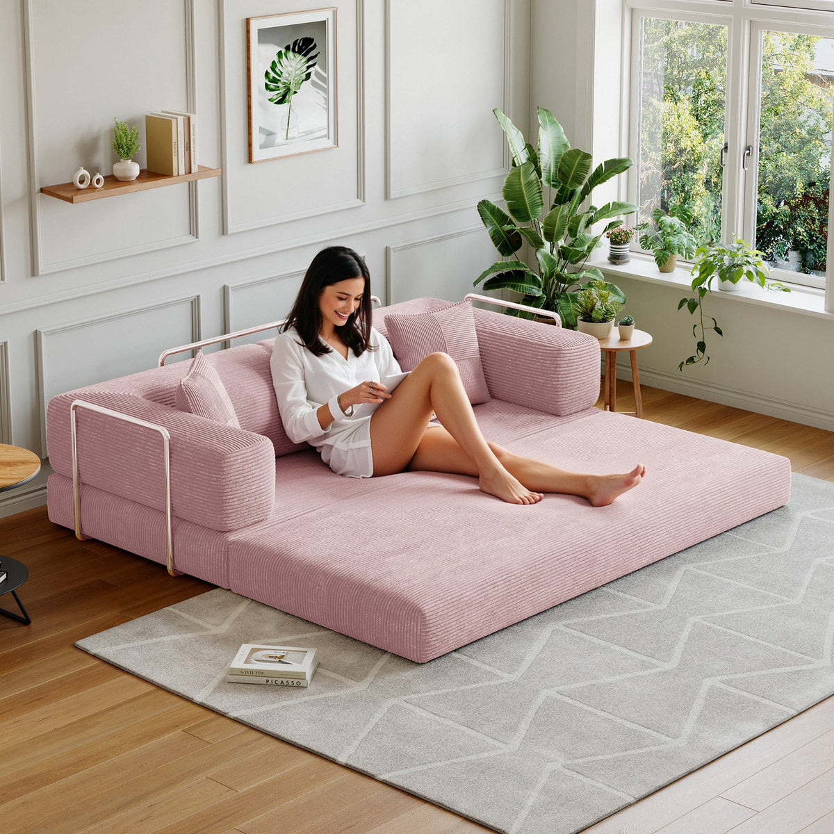 Convertible Sleeper Sofa Bed,Compressed Floor Boneless Couch,Modular Modern Corduroy Sofa for Living Room Bedroom -with Fixed-Shape Frame and Support Armrest,Easy Assembly(Green)