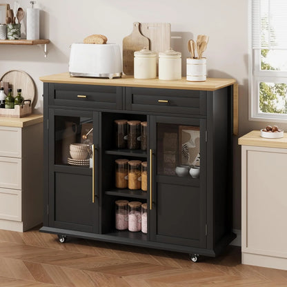 WALYWIK Foldable Kitchen Island Cart with Wheels, 2 Glass Doors, Spice Rack & Towel Holder �C Compact Mobile Storage Cart for Small Kitchens, Dining Rooms, Camping & RVs - Grey