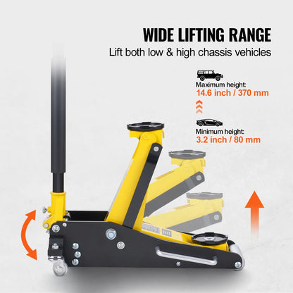 KFFKFF Low Profile Floor Jack, 2 Ton Capacity, Dual Piston Fast Pump, Hydraulic Auto Jack, 3.2"-14.6" Lift Range, Robust for Racing & Heavy Duty Use (Yellow)