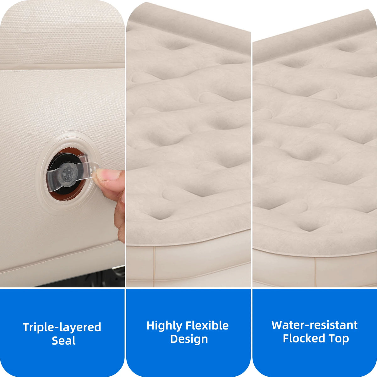 Dextrus Inflatable Queen Air Mattress with Built-in Pump, Frame, Velvet Surface & Portable Storage Case, Khaki