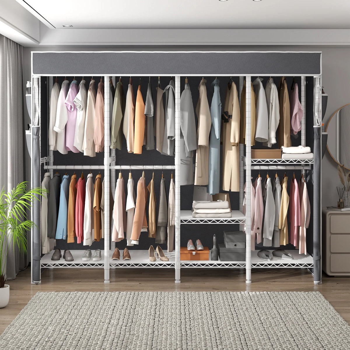 EnHomee 76"W Clothes Rack with Cover,1100LBS Heavy Duty Wardrobe Closet Organizer,Adjustable Portable Closet��Black