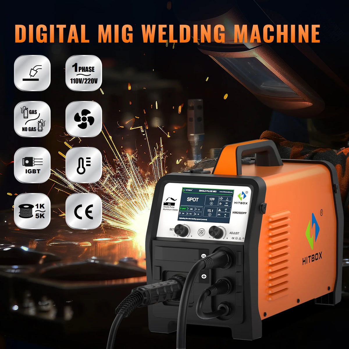 HITBOX Aluminum MIG Welder, 200Amp Dual Pulse MIG Welder 110/220V, Gas /Gasless MIG Lift TIG MMA Stick Welding Machine