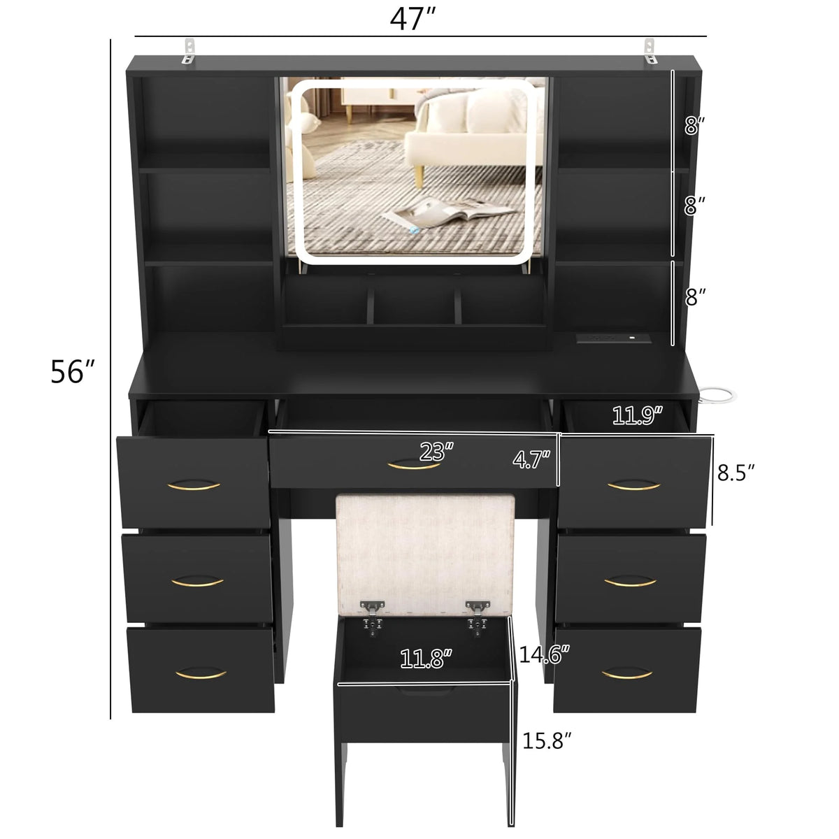 47" Large Vanity Desk with Lighted Mirror & Charging Station, Black Makeup Vanity with 7 Drawers & 6 Shelves, Vanity Set with Cushioned Stool