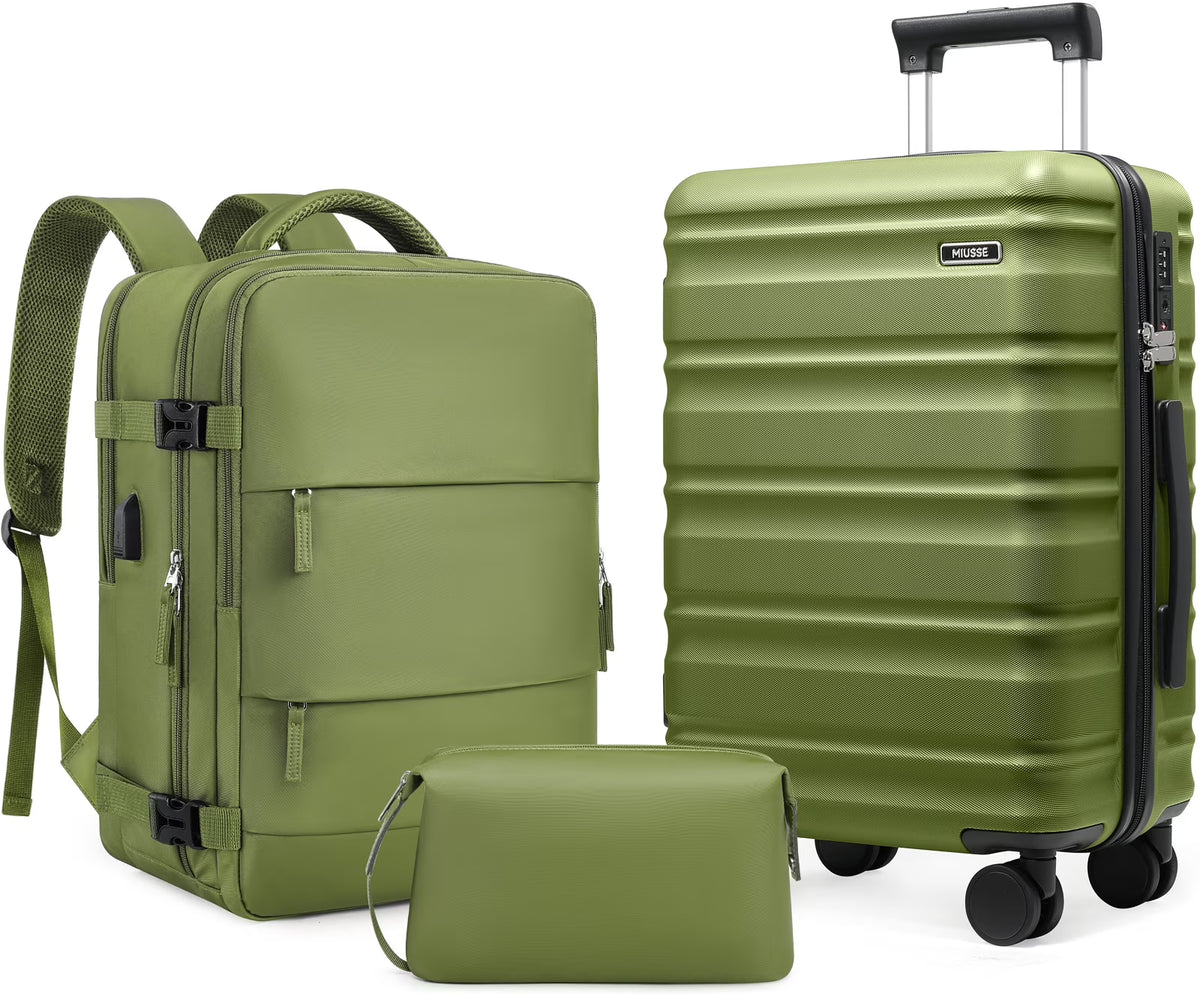 MIUSSE Luggage Sets 3 Piece, 20 Inch Carry On Luggage with Wheels, 100% PC Hardshell Suitcase with TSA Lock, Carry On Suitcases Airline Approved With Travel Backpack for Men Women