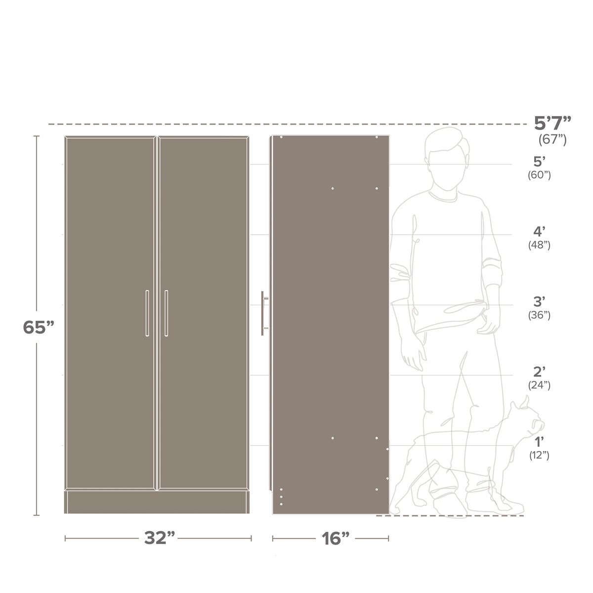 Prepac Adjustable Shelves Cabinet - Functional Tall Garage Table, 16"D x 32"W x 65"H Freestanding Garage Cabinet with 2-Doors, Espresso - EES-3264