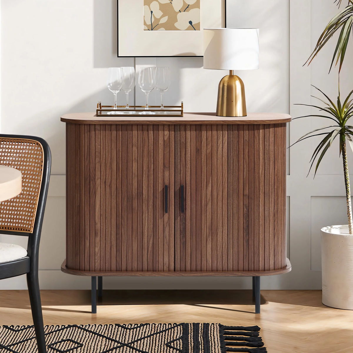 LuxenHome 35" Mid Century Modern Accent Cabinet, Small Buffet Cabinet with Sliding Door, Oak