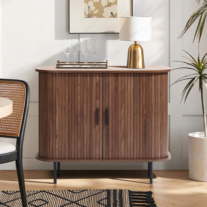 LuxenHome 35" Mid Century Modern Accent Cabinet, Small Buffet Cabinet with Sliding Door, Oak