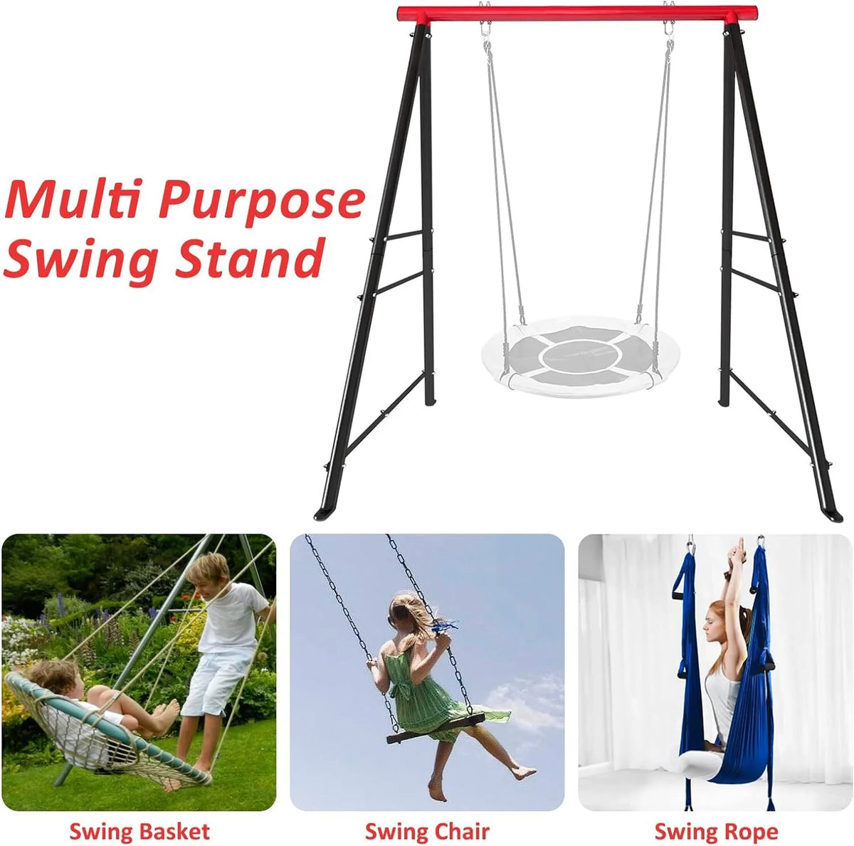 IVV Swing Stand for Porch, Outdoor Heavy Duty Swing Frame, Steel Metal Frame with 4 Ground Pegs, 73" Height Holds Up to 550lbs, Red (Swing NOT Included)