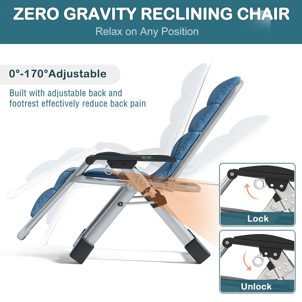 NAIZEA Zero Gravity Chair with Removable Cushion and Cup Holder Black