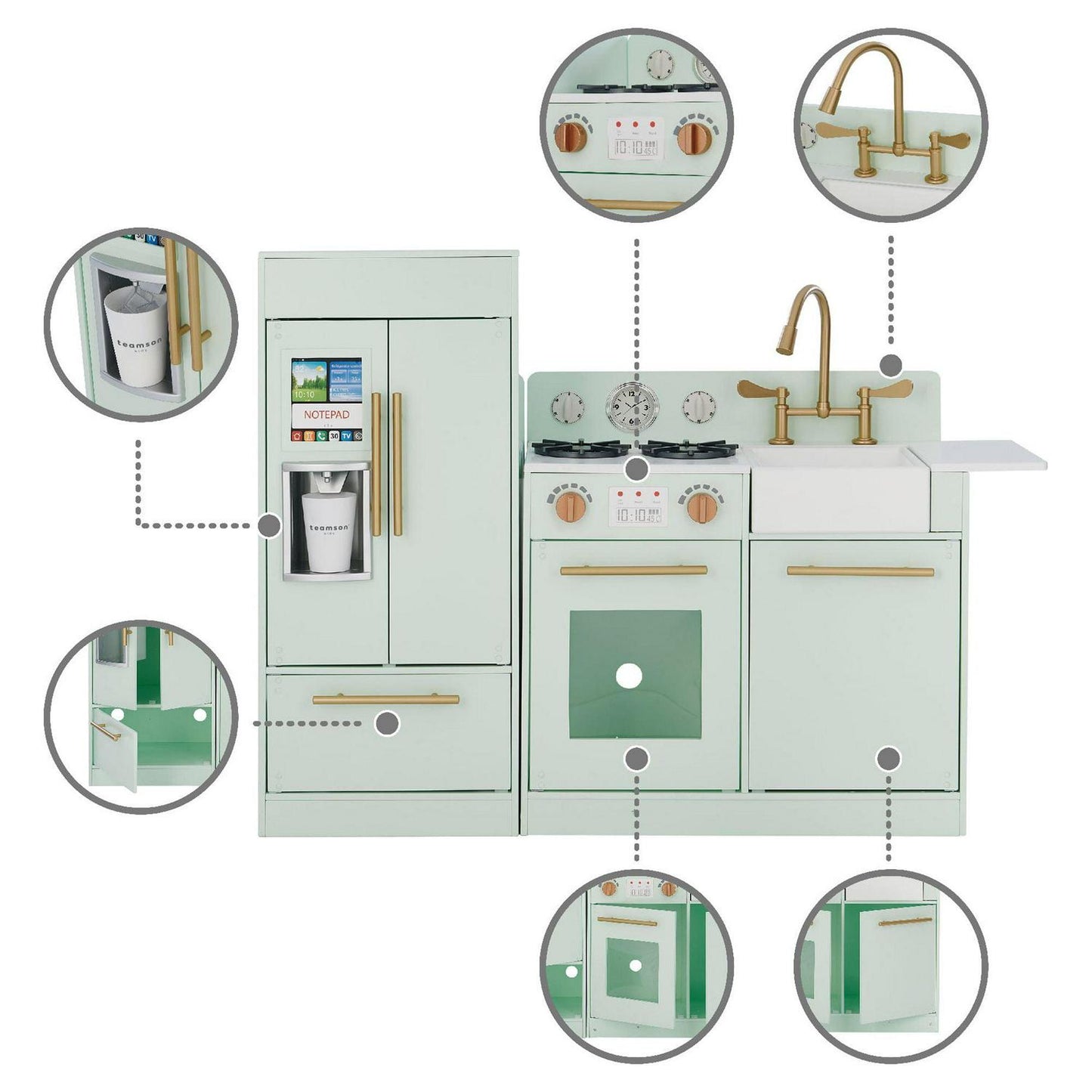 Teamson Kids Little Chef Charlotte Play Kitchen Set – Toddler Wooden Kitchen Playset with Stove. Sink &amp; Refrigerator. Toy Cooking Set for Ages 1-7. Mint/Gold