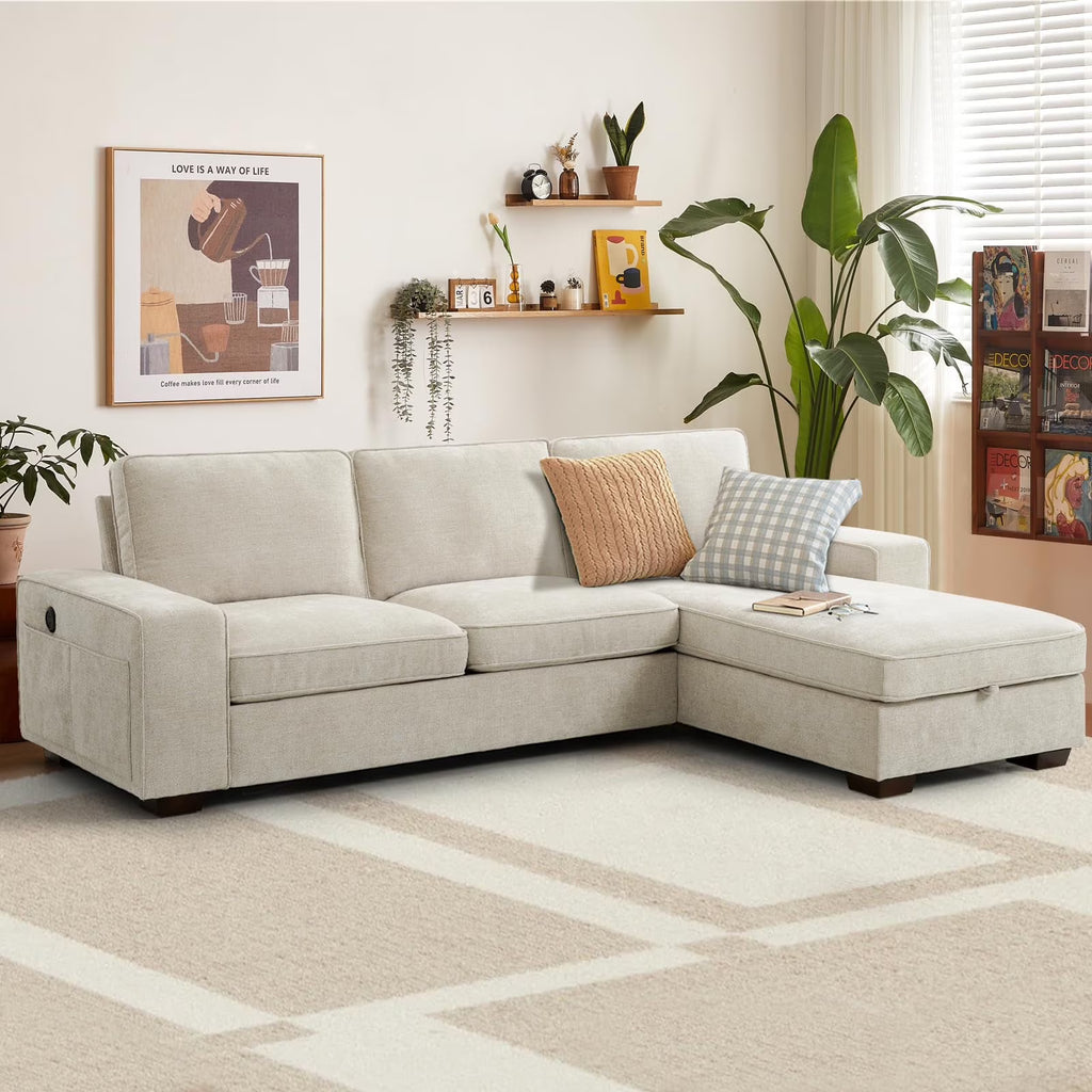 ASHOMELI 99'' Convertible Sectional Sofa,L Shaped Couch,Multi-Functional Reversible Sofa with USB and Type-C Charging Ports, Storage Space, Breathable Fabric