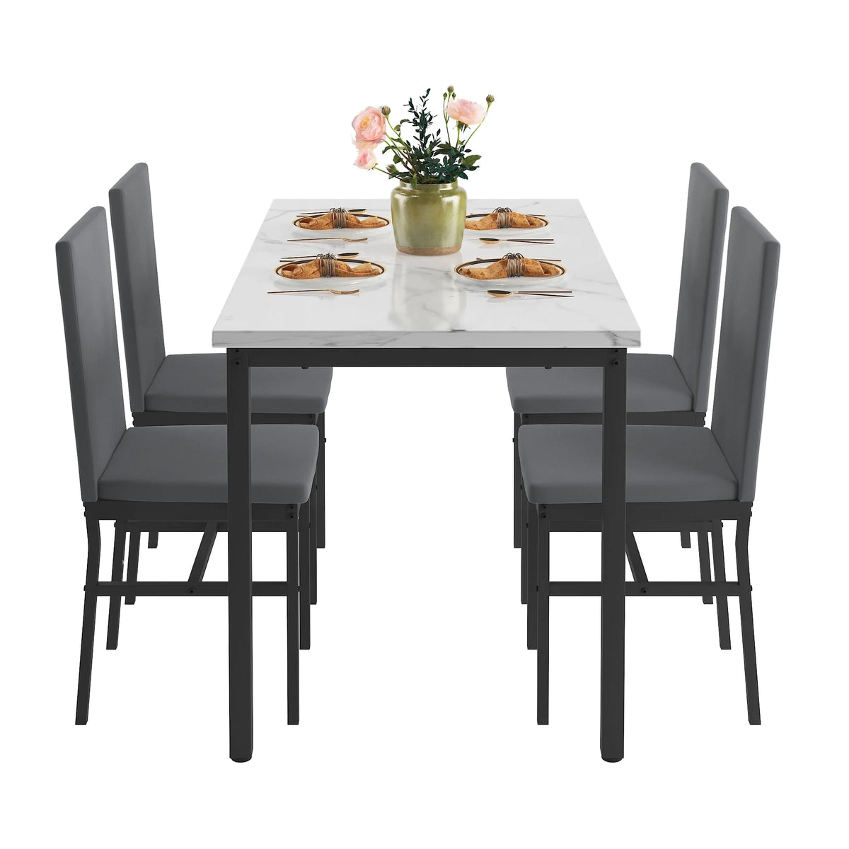 5 Piece Dining Set, Modern Dining Table and Chairs Set for 4, Counter Height Bar Table Set, Modern Pub Table with 4 Velvet Fabric Cushioned Stools, Faux Marble Dining Table & Stools Set, D9297