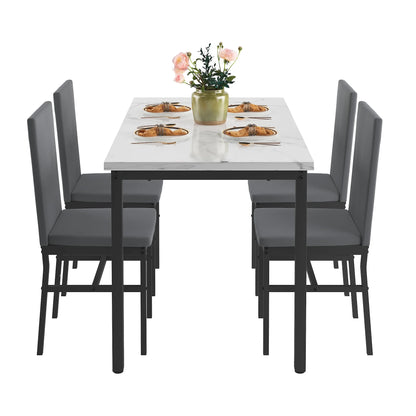 5 Piece Dining Set, Modern Dining Table and Chairs Set for 4, Counter Height Bar Table Set, Modern Pub Table with 4 Velvet Fabric Cushioned Stools, Faux Marble Dining Table & Stools Set, D9297