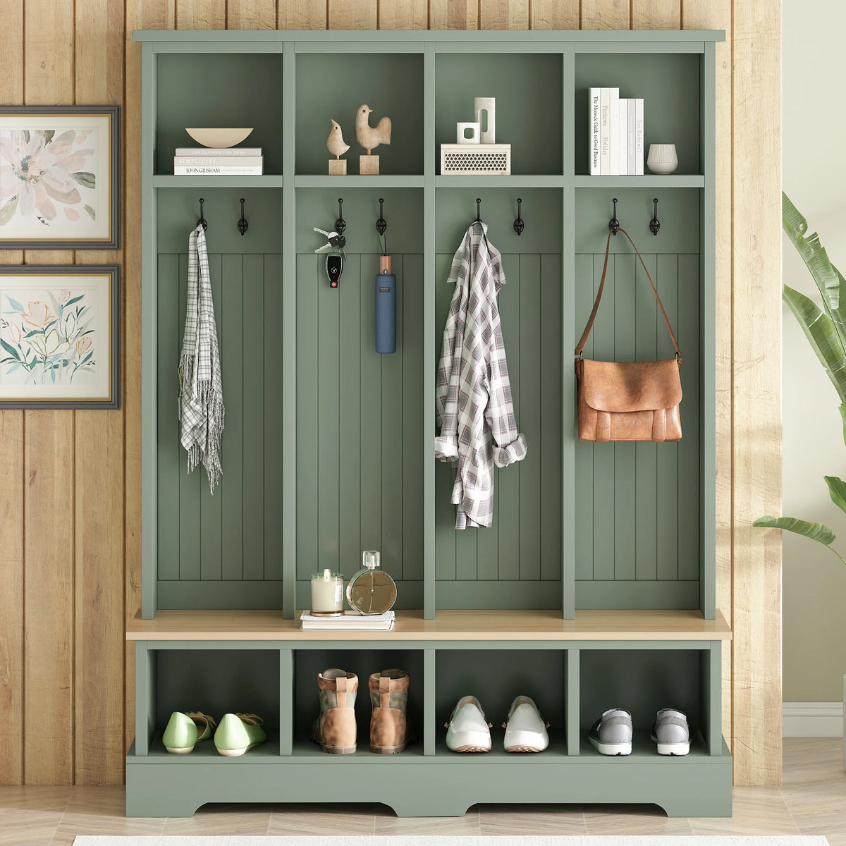 Euroco Farmhouse 59"W Wide Hall Tree with 8 Hooks, Practical Entryway Bench with Open Compartments, 76.7"H Modern 3-in-1 Wooden Style Coat and Shoe Rack for Mudroom, Living Room, Green