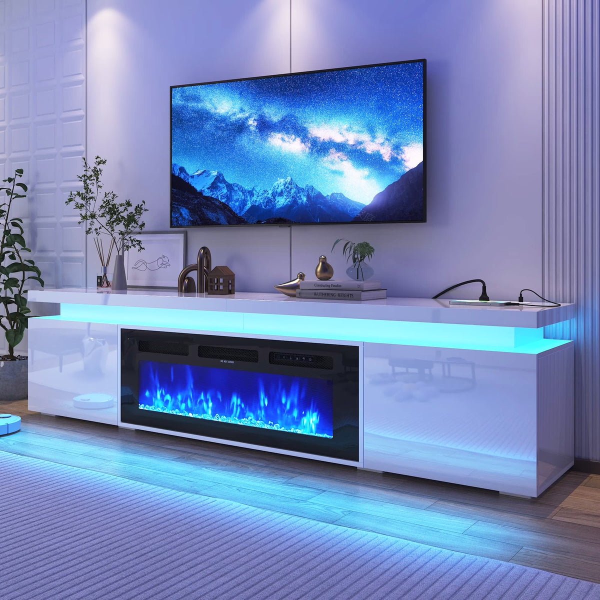 LED TV Stand for up to 85" TVs with Power Outlet, 75" Large Entertainment Center Console Table Gaming Soundbar Shelf with 2 Storage Cabinets