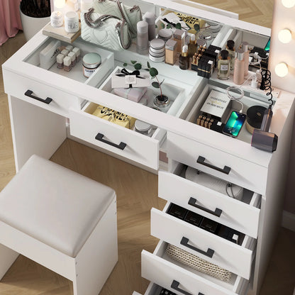 Ktaxon Large Makeup Vanity, Vanity Table Set w/ Visible Glass Top w/ Charging Station, White