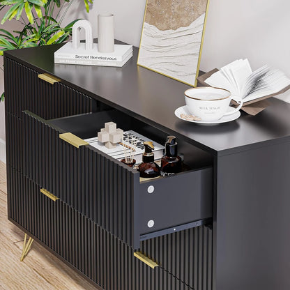 FURNIWAY White 6 Drawer Dresser for Bedroom, Modern Dresser with Gold Metal Handles,Fluted Wood TV Stand for Living Room, Hallway