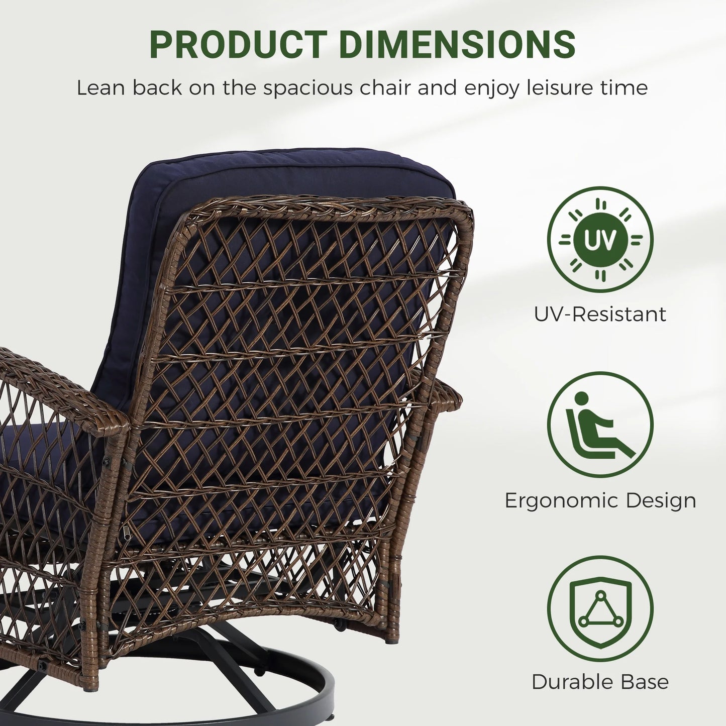 3 Piece Patio Swivel Rocker Chairs Set, 2 360-Degree Swivel Rocking Chairs with 1 Glass Top Table, PE Rattan Outdoor Bistro Set with Cushions for Balcony Deck Poolside Backyard Porch