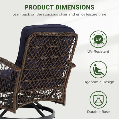 3 Piece Patio Swivel Rocker Chairs Set, 2 360-Degree Swivel Rocking Chairs with 1 Glass Top Table, PE Rattan Outdoor Bistro Set with Cushions for Balcony Deck Poolside Backyard Porch