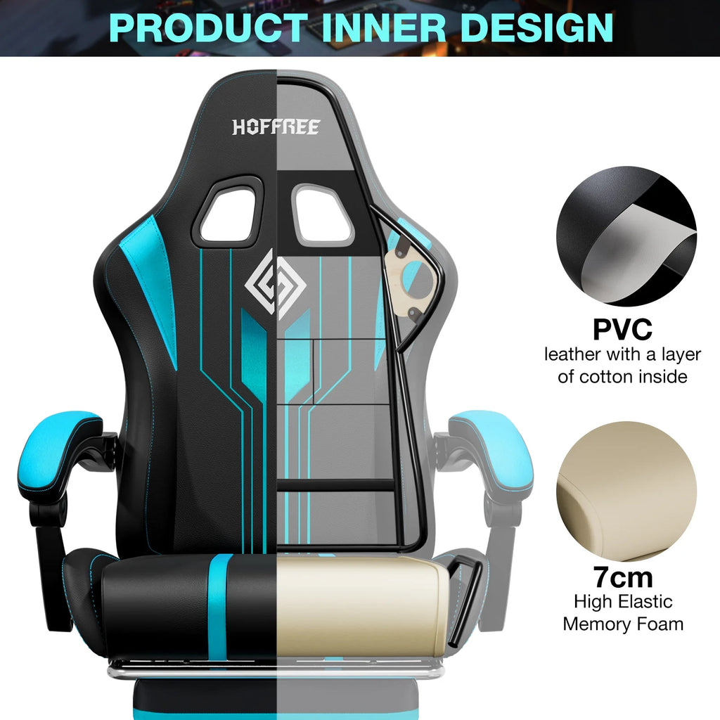 HOFFREE Big and Tall Gaming Chair with Speakers and RGB Lights, Gamer Chair with Footrest, Lumbar Support Height Adjustable 360-Swivel Seat and Headrest for Adults, 400lbs