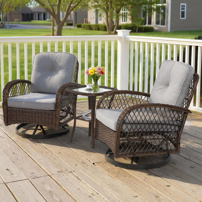 3 Piece Patio Swivel Rocker Chairs Set, 2 360-Degree Swivel Rocking Chairs with 1 Glass Top Table, PE Rattan Outdoor Bistro Set with Cushions for Balcony Deck Poolside Backyard Porch