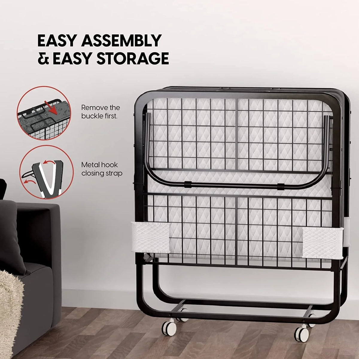 EconoHome Folding Bed with Mattress - 75x31 Cot Size Bed Frame - Portable Foldable Roll Away Adult Bed for Guest - 5-inch Thick Memory Foam Cot Mattress - Space Saving Fold Up Bed for Easy Storage