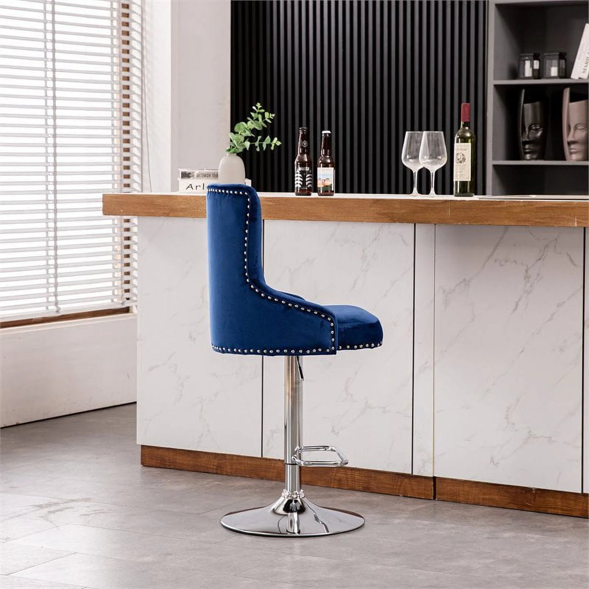 Alexent  2PCS Swivel Bar Stools, High Back, Button Tufted, Silver Footrest and Nailhead Trim Swivel Bar Chairs for Kitchen, Bar Velvet Upholstered Bar Stools, Dark Blue