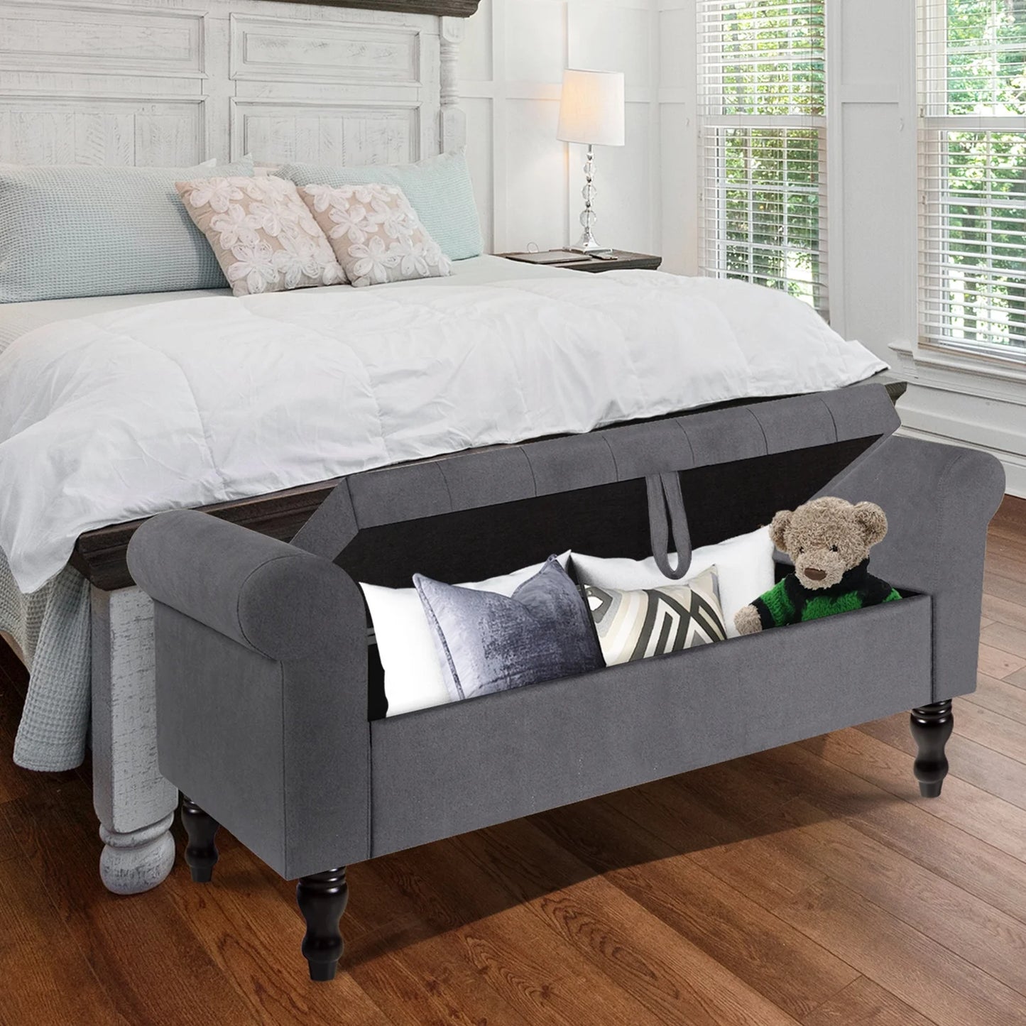 Storage Bench with Upholstered Rolled Arm Ottoman Bench Couch w/ Solid Wood Legs for Bedroom End of Bed,and Living room,Gray