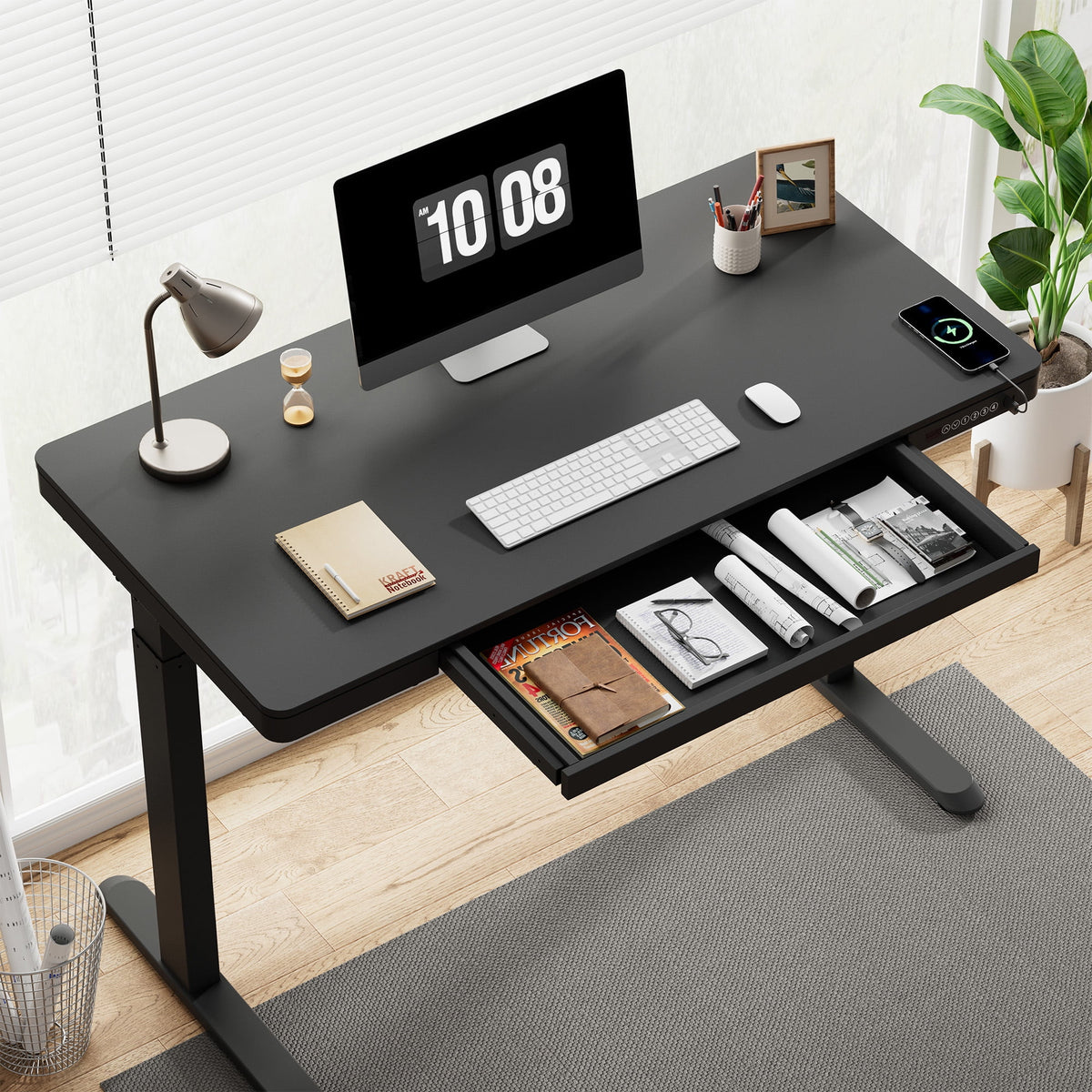 FLEXISPOT 48" W Home Office Height Adjustable Standing Desk White and Maple with USB Charge Ports and Embedded Drawer
