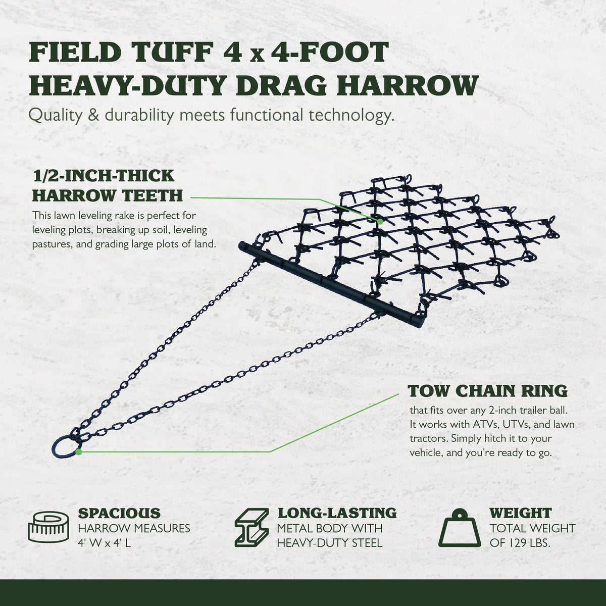 Field Tuff 4'x4' Steel Drag Rake Field Leveling Harrow with 1/2" Teeth