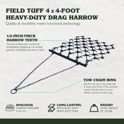 Field Tuff 4'x4' Steel Drag Rake Field Leveling Harrow with 1/2" Teeth