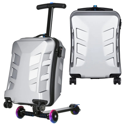 Advwin Scooter Suitcase for Kids & Adults, 3-D Hardshell Ride On Scooter Luggage with LED Light Up Wheels, TSA Lock, Lightweight Foldable Carry On Rideable Suitcase for Children Teenagers, Silver