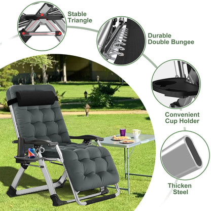 NAIZEA 2 Pack Zero Gravity Chair, Foldable Portable Lawn Recliner with Cushion, Headrest, Cup Holder, Black