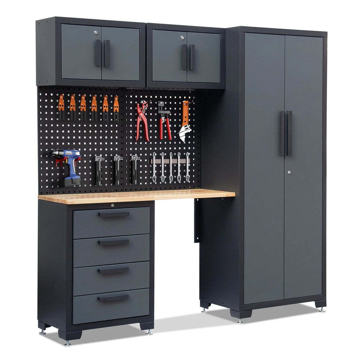 HPDMC Garage Storage Cabinet System 7-Pcs Workshop Set Metal Garage Cabinets System with Steel Cabinet Drawers, Workbench, Pegboard for Garage Tool Organization